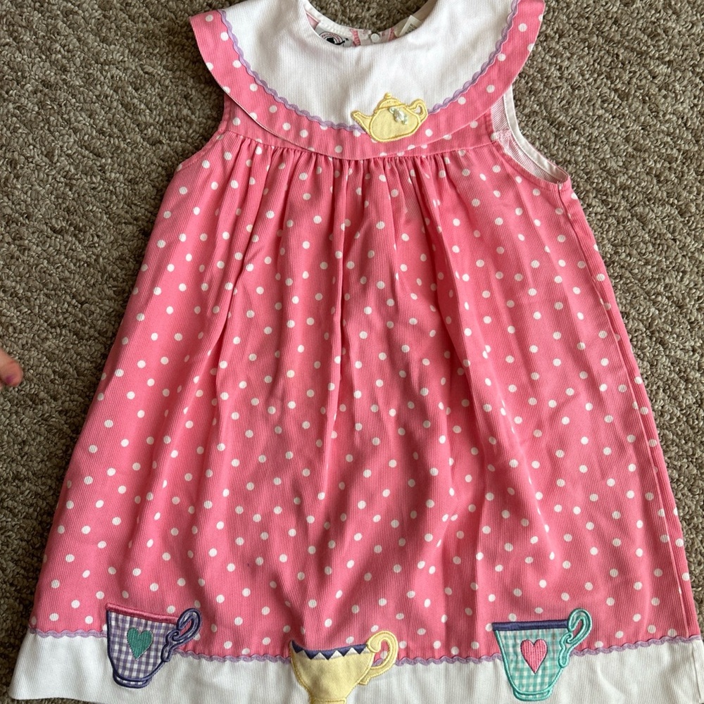 Vintage kids Pink Polka Dot Dress with Teacup Design